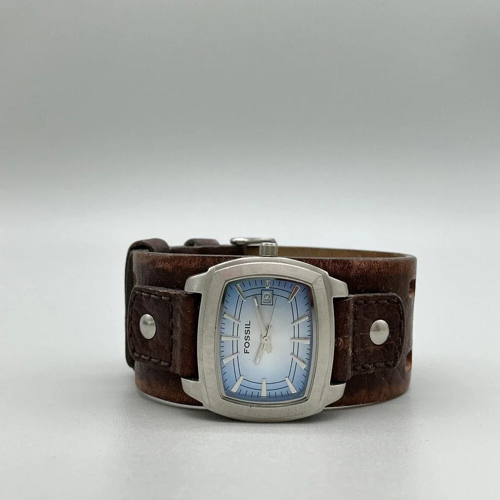 Fossil Womens Watch 30mm Blue Dial Cushion Leather Bund Date New Battery